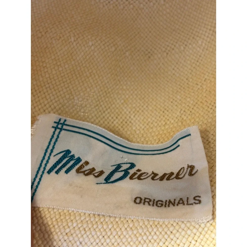 Vintage Miss Bierner Originals Straw Bucket Hat Set Tan Striped Ribbon Bow 2pc